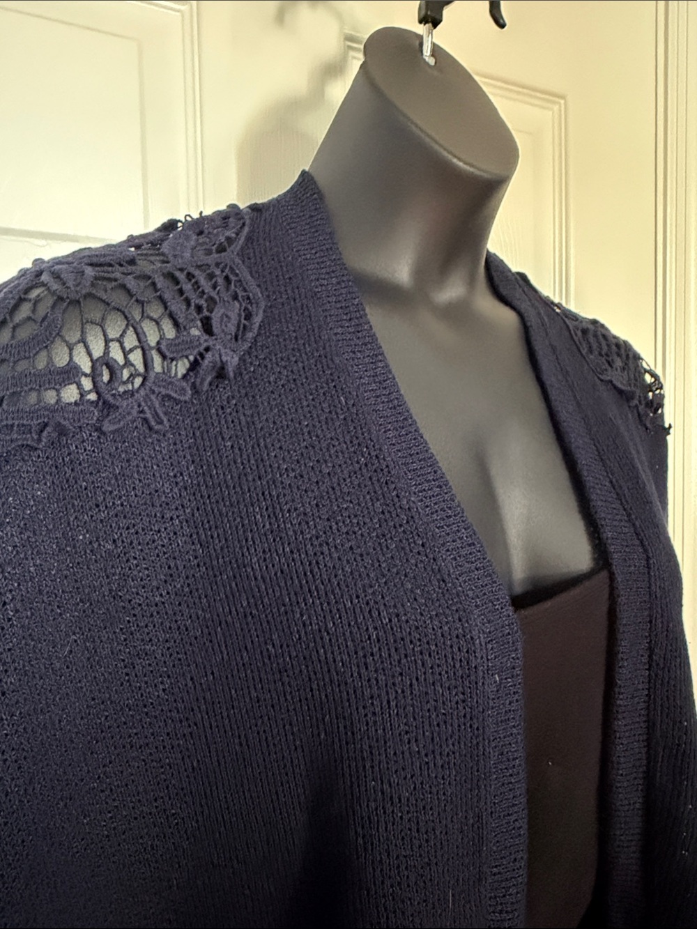 Navy Crochet-Shoulder Open Cardigan